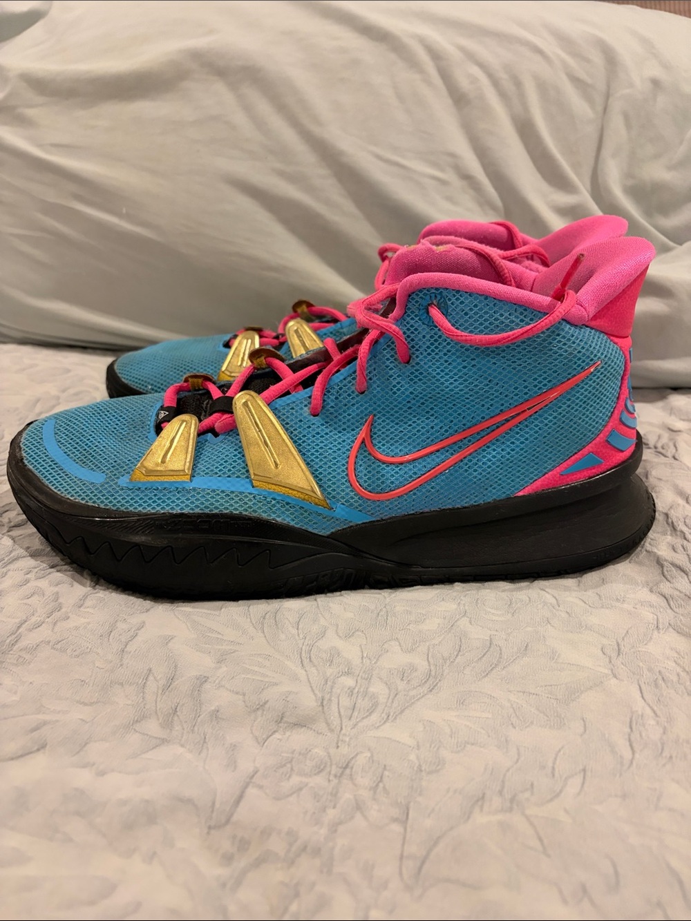 Nike Kyrie 7 Turquoise and Pink Basketball Sneakers with Gold Accents
